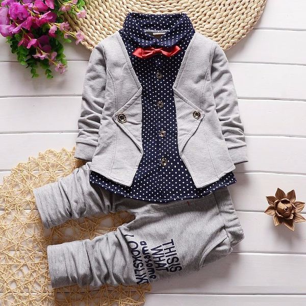 

boys spring two fake clothing sets kids boys button letter bow suit sets children jacket + pants 2 pcs clothing set baby lj201203, White