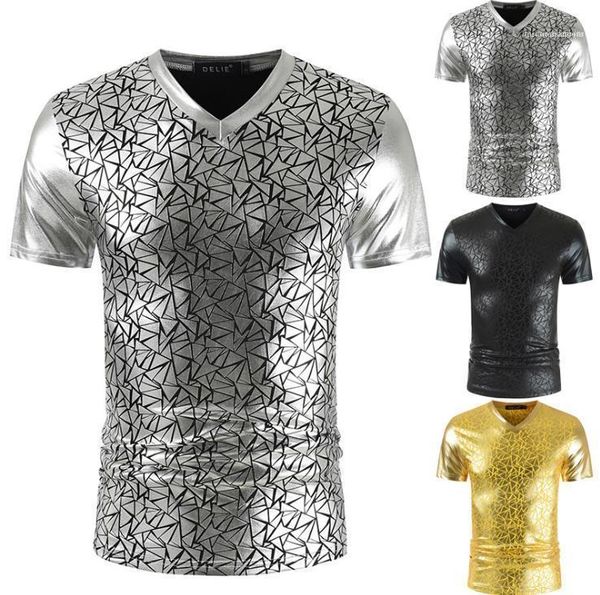 

panelled night club tees males slim fashion casual tshirts mens glossy geometric print tshirts summer designer v neck, White;black