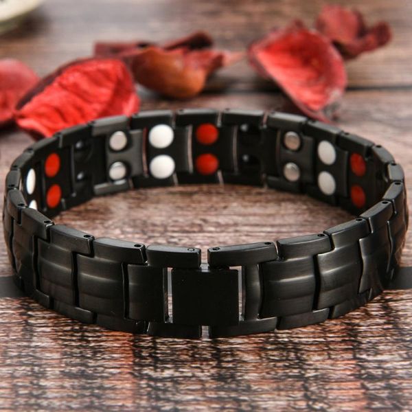

retro frosted brushed stainless steel bracelet men accesories braslet 4 in 1 health magnetic germanium stone mens bracelets 2020, Black