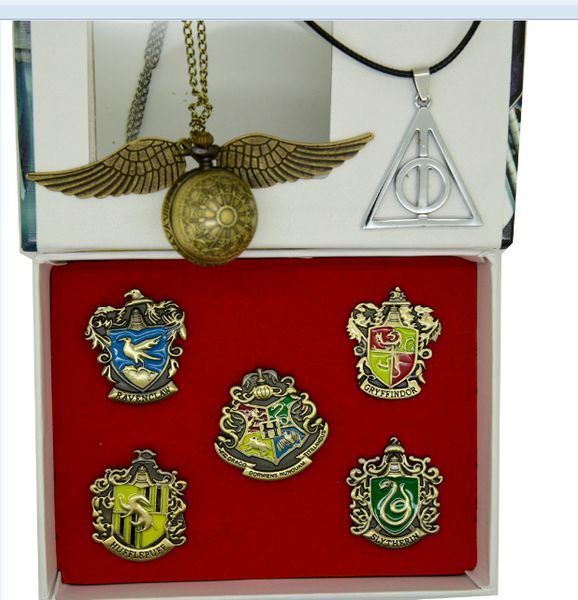 

7pcs harry botter magic wand metal golden brooch badge pin cosplay hogwarts school badge pin brooch keychain chestpin gifts
