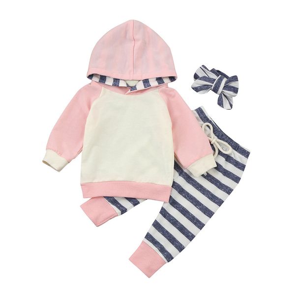 

2020 new baby warm clothes autumn and winter children's suit boys and girls striped sweater with hood three-piece suit, White