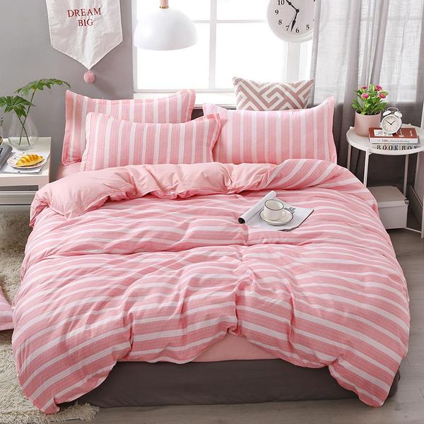

simple pink stripes bedding sets linens twin/single/double//king size duvet cover+bedsheet+pillowcases girls bedclothes