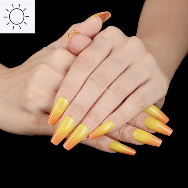 

gradient color noctilucence fake nails press on neon lights fluorescent night club bar vocal concert wearable fingernails ty, Red;gold