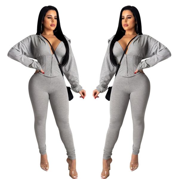 

women sets summer tracksuits hooded +pants suit two piece set night club party outfits sportswear 2 pcs street j2133, Gray