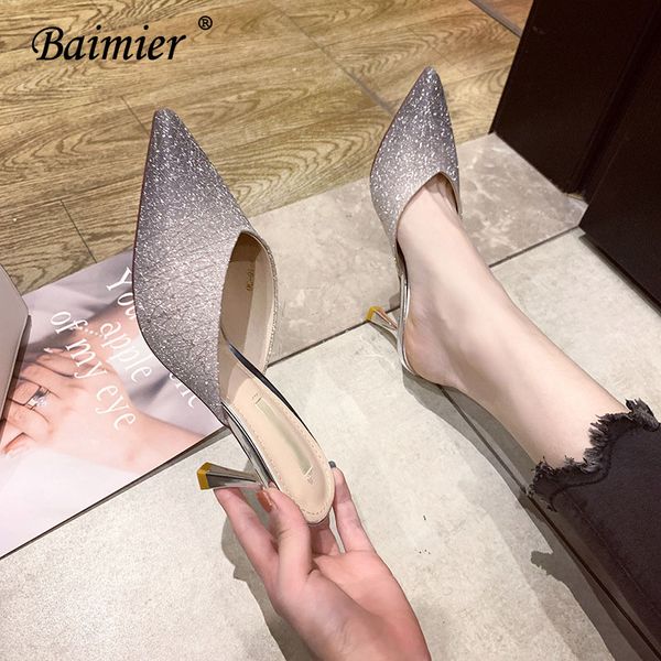 

2020 fashion women high heels sandals women luxury crystal- silver bling high heels mules outdoor slipper, Black