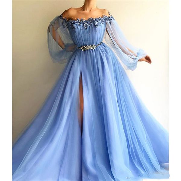 Elegante himmelblaue Ballkleider, A-Linie, Perlen, Perlen, 2021, sexy, schulterfrei, Poet-Langarm-Abendkleider, formelles Partykleid mit hohem Schlitz