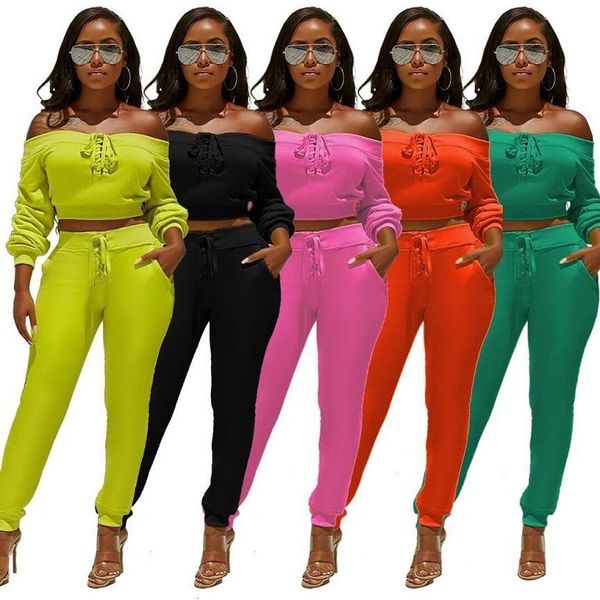 

spring fall women 2 two piece set long sleeve off shoulder shirt leggings pocket pants outfits suit bandage elastic waist trousers apparel, White