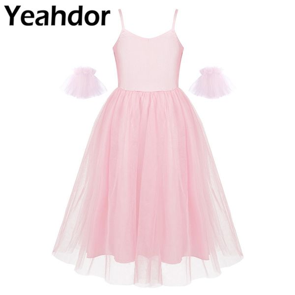 

flower girls dress kids girls spaghetti shoulder straps romantic style ballet dance mesh long dress with ruffled arm sleeves, Red;yellow