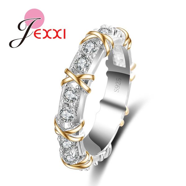 

unique simple design 925 sterling silver rings for women female clear white crystal decoration promise ring new fashion, Golden;silver