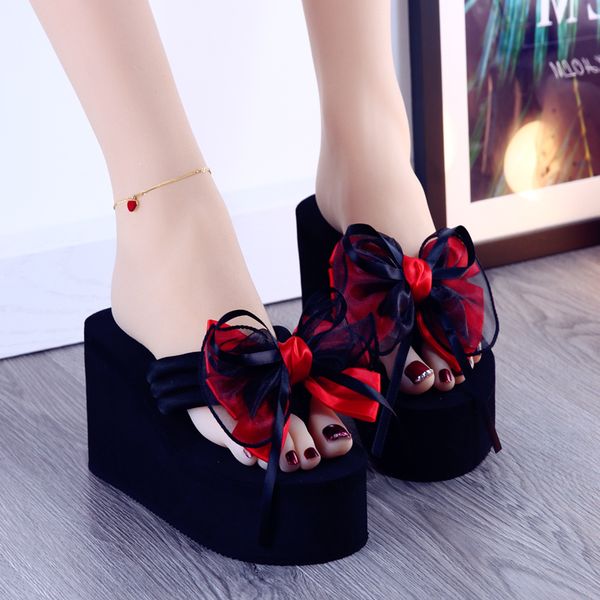 

shoes rubber flip flops summer woman ladies' slippers slipers women butterfly-knot heeled mules on a wedge hawaiian beach, Black