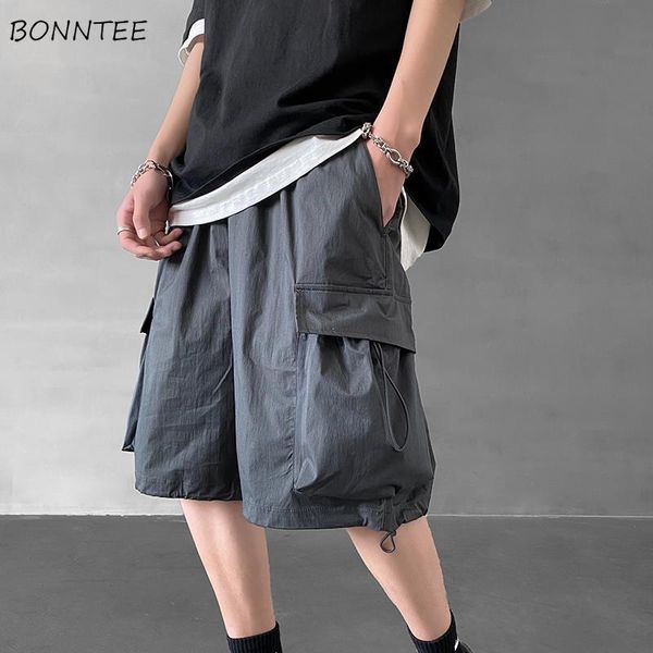 

men casual shorts solid multi pockets korean summer drawstring chic loose simple cargo-shorts retro all-match teens ins bf new, White;black