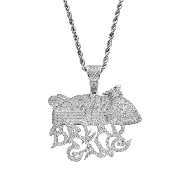 

bread gang money bag crown pendant necklace men full lab diamond gold plated necklace hip hop copper jewelly, Silver
