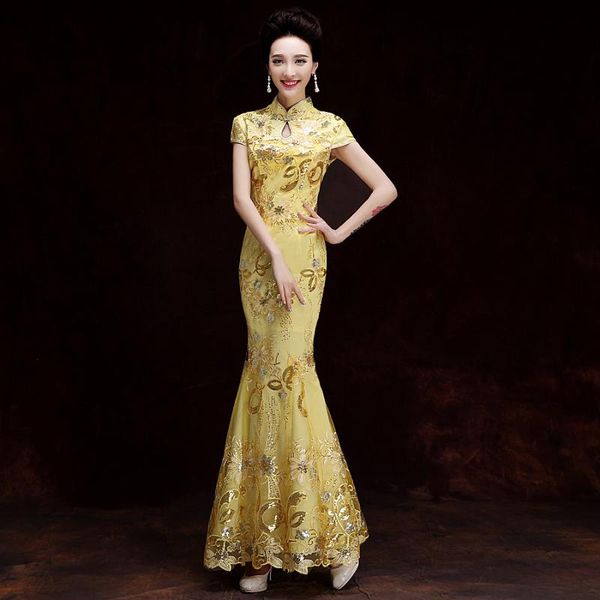 

2020 summer yellow traditional chinese dress women's satin long halter cheongsam qipao mujere vestido flower, Red