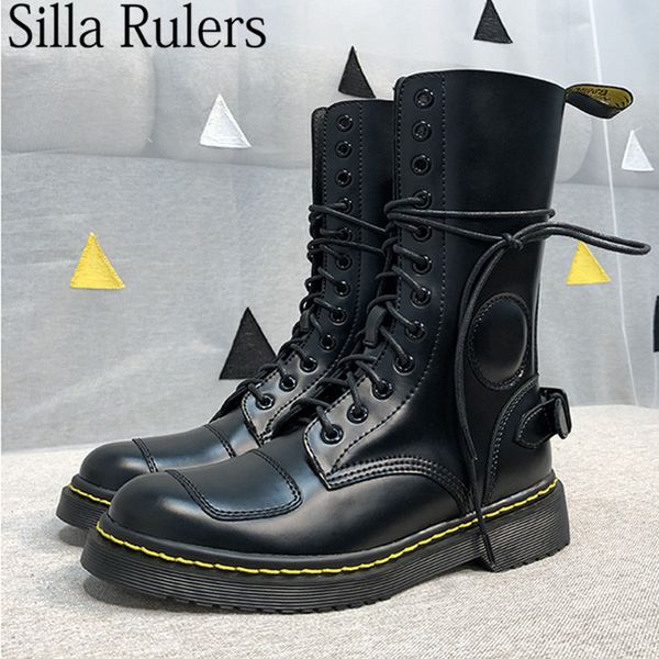 

new style genuine leather tihck sole knighs boots woman round toe motorcycle boots for woman belt mid calf women 2020, Black