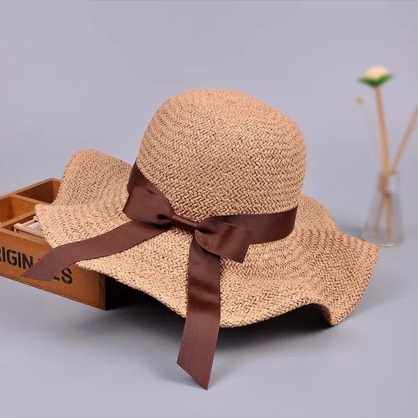 

bow decotation summer staw hat lady wibe brim bucket hat uv protection beach visit sun, Blue;gray