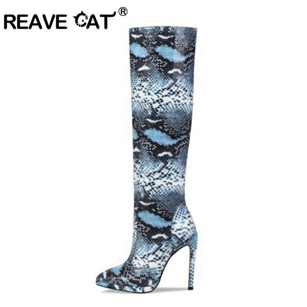 

reave cat designed women knee high boots thin high heels blue snake print pointed toe spring winter slip on boots stiletto, Black