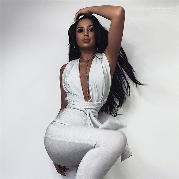 

wrapped chest temperament cutout fashion jumpsuit set womens designer jumpsuits deep v slim fit silver, Black;white