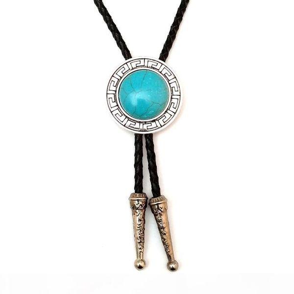 

handmade western cowboy bola tie leather chain bolo tie for men with turquoise decoration metal buckle fashion male accessories, Blue;purple