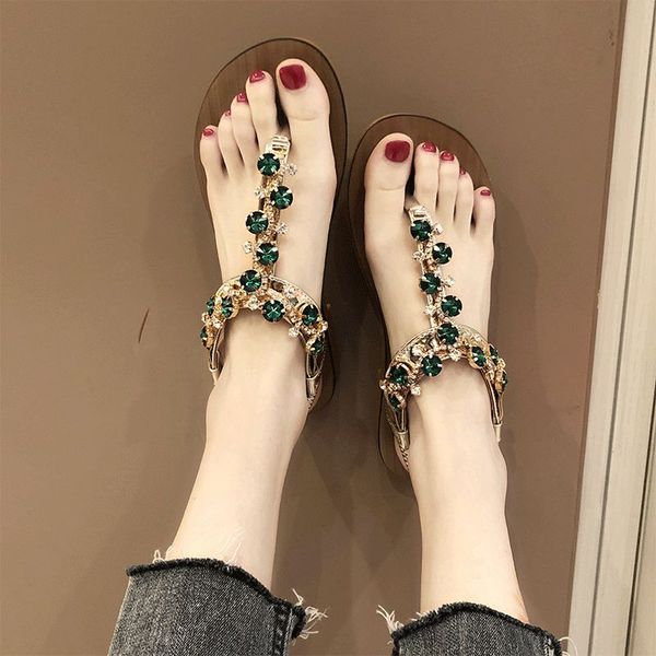 

women sandals bohemia style summer shoes for women flat sandals beach shoes 2020 flowers flip flops crystal chaussures femme, Black