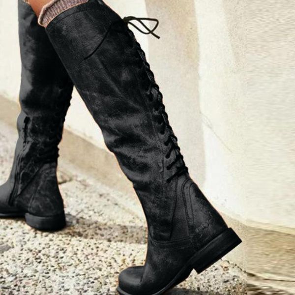 

sagace мода весна осень сапоги для женщин lace-up на низком каблуке женская обувь круглый toe западный трубные boots плюс размер aug15, Black