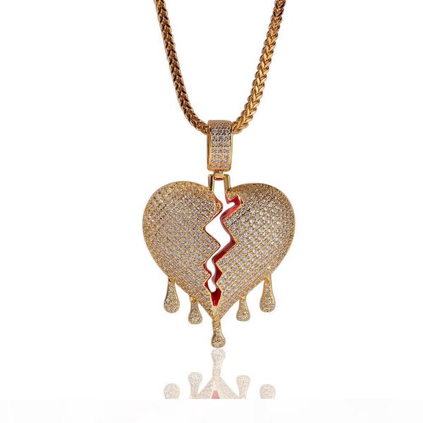 

new iced out broken heart pendant necklace with rope chain gold silver color cubic zircon hip hop jewelry