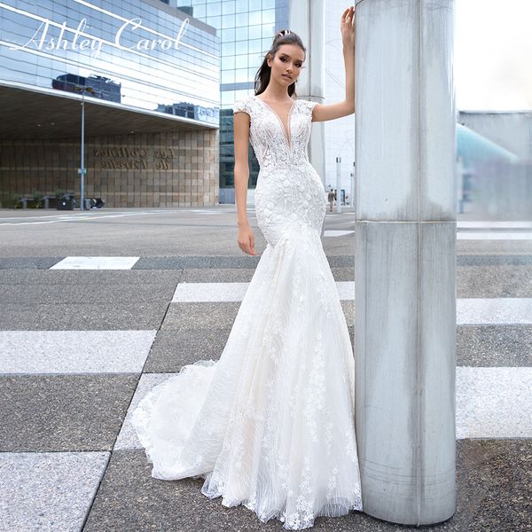 

ashley carol v-neckline luxury beaded backless lace mermaid wedding dress 2019 short chapel train romantic wedding gowns, Blue;red