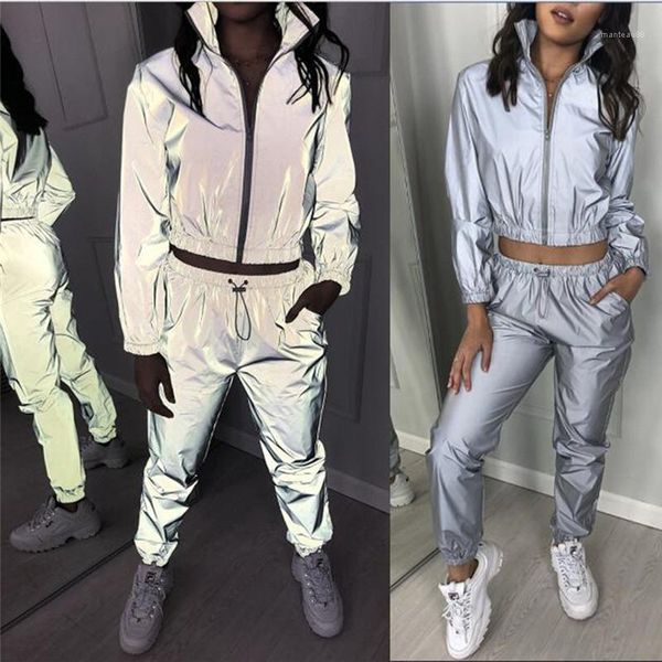 

sports casual cardigan sets ladies fashion lapel neck clothing stress style reflective designer womens two piece pants, White
