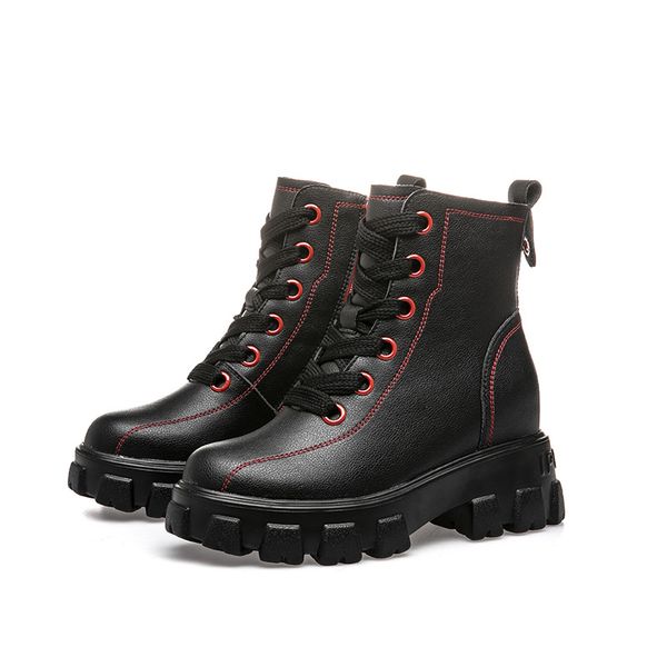 

muffin bottom boots female 2020 autumn and winter new women's boots thick-soled casual leather increased women's shoes bo, Black