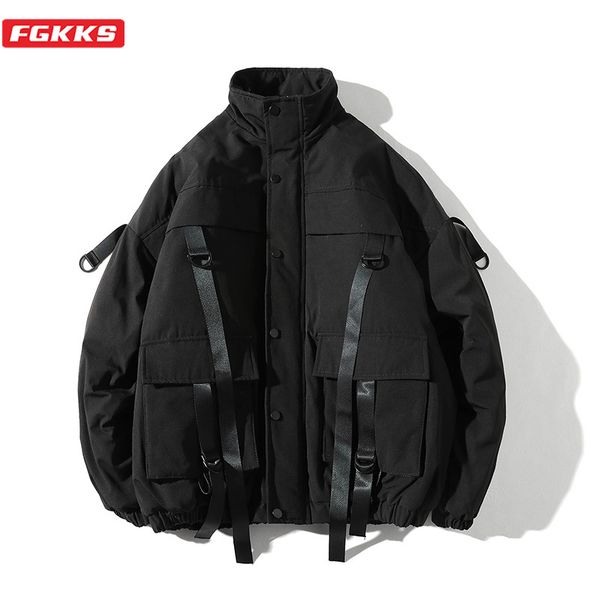 

fgkks winter new men's fashion parkas coats quality brand men solid color casual parka thick warm stand collar parka male, Black