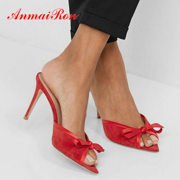 

anmairon 2020 summer outside women shoes flock solid butterfly-knot fashion women slides thin heels 2020 slippers 34-43, Black