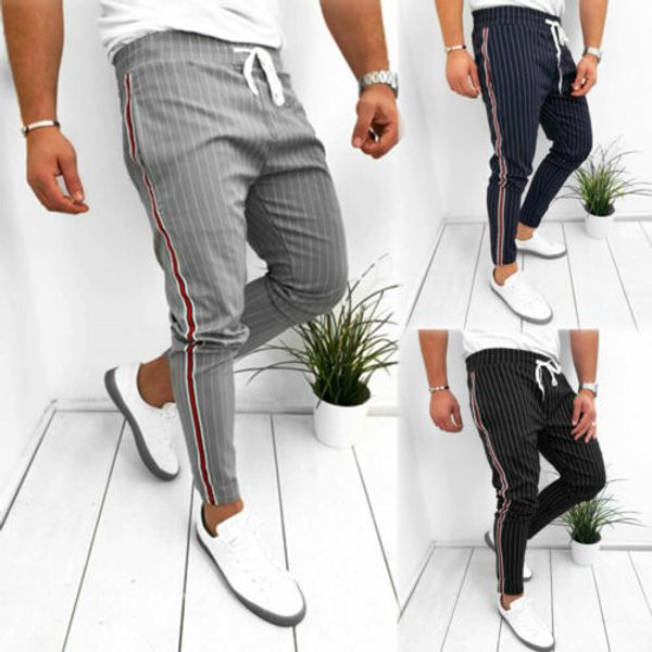 

men summer casual long pants sport gym slim fit running joggers stripe long trousers sweatpants 2020 new, Black