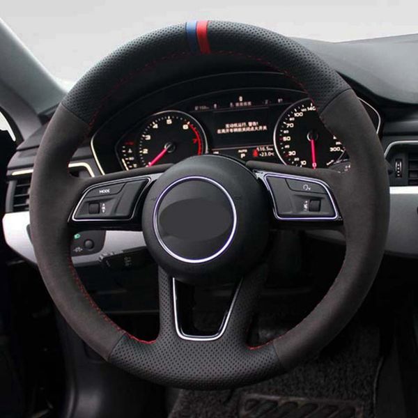 

car steering wheel cover for audi a4 (b9) avant a5 (f5) q2 a1 (8x) sportback a3 (8v) diy black suede genuine leather