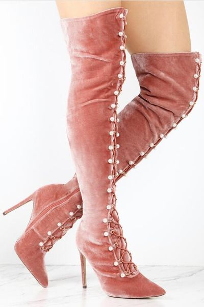 

весна hot pink velvet женщины узелок над коленом boots elegant pearl rom дамы sexy высокий каблук сапоги моды stretch, Black