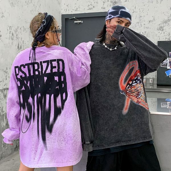

2020 men hip hop streetwear oversized t-shirt graffiti print washed tees long sleeve cotton casual oversized t-shirt, White;black