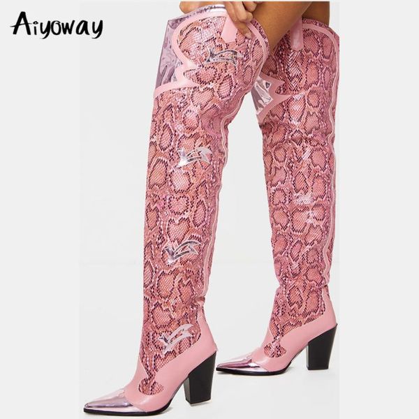 

aiyoway 2020 spring autumn women over the knee boots fashion chunky heels pu leather ladies shoes big size 35-43 pink leopard, Black