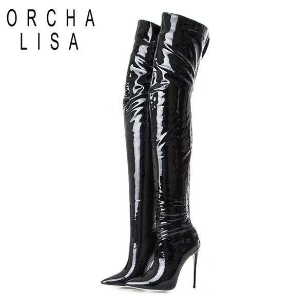 

orcha lisa plus size 34-43 patent leather boots for women thin high zipper autumn pointed toe over the knee botas feminina j335, Black