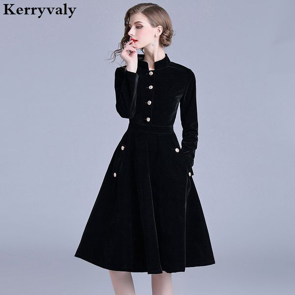 

robe vintage velvet black office dress long sleeves winter womens dresses new arrival 2020 midi party dress zomer jurk k307, Black;gray