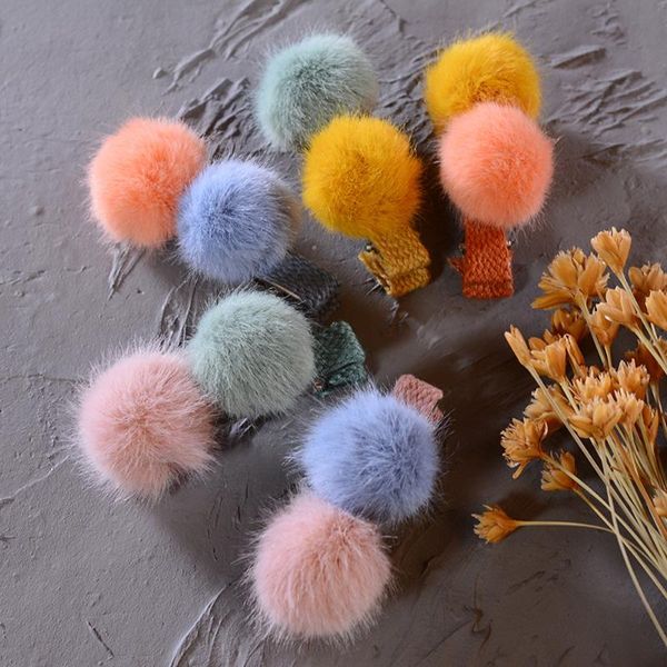 

kids cute plush ball hairpins korean hair clips children girls hair accessories sweet barrette clip fashion simple stick hairpin, Slivery;white