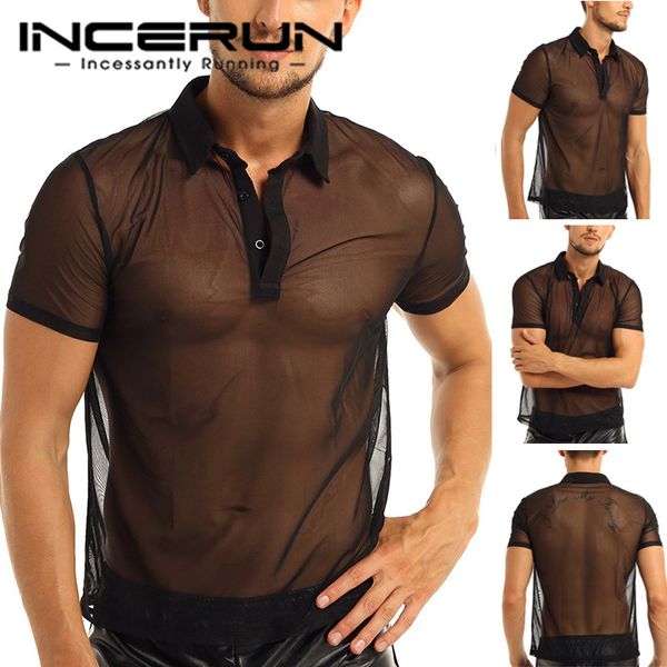 

incerun men's mesh see-through fishnet shirt fashion short sleeve nightclub wear blouse man party perform streetwear, White;black