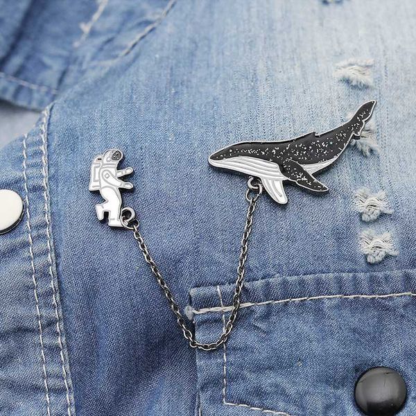

cartoon astronaut whale brooch sea fish enamel pins spaceman metal badges for women men jackets lapel pin with chain punk gift, Gray