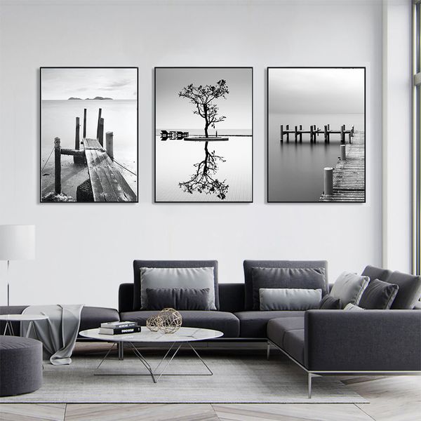 

black white minimalist landscape art painting canvas prints bridge boat posters wall for living room modern home decor