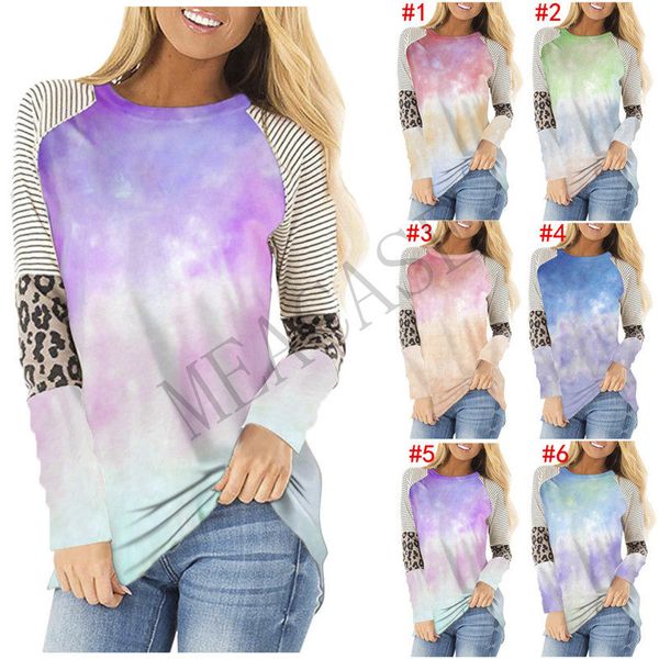 

women clothes t shirt plus size tie-dye color long sleeve trendy t-shirt patchwork color autumn winter sports casual d81101, White