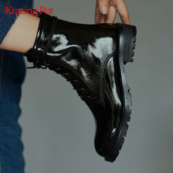 

krazing pot motorcycle boots real leather modern cozy round toe thick med heel lace up energy lady maiden brand ankle boots l62, Black