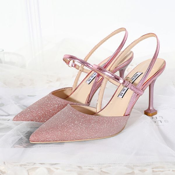 

wed2020 sandals baotou decent one-line buckle high-heeled women's summer thin cat heel shoes all-match sequined crystal, Black