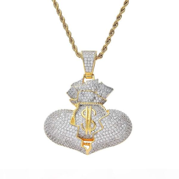 

hip hop money bag diamonds pendant necklaces for men women luxury designer dollar pendants 18k gold plated copper zircons necklace gifts, Silver
