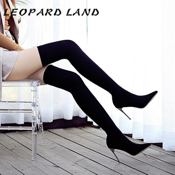 

леопард земля женские ботфорты тонкий каблук ночной указал педикюр over-the-knee сапоги эластичные носки ds-9611-1, Black