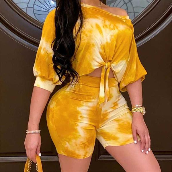 

women casual two pieces set summer printed slash neck puff sleeves crop elastic waist short female clothing set fashion, Gray