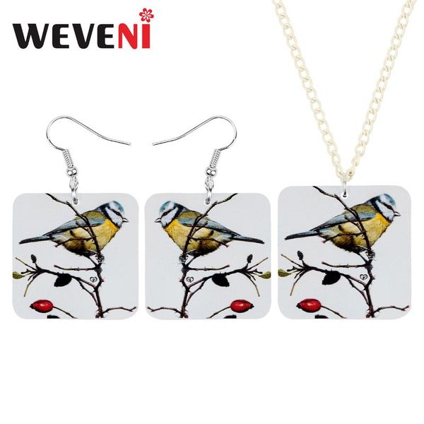 

weveni acrylic square green-backed tit bird jewelry sets fashion animal necklace earrings for women teens party gift accessories, Silver