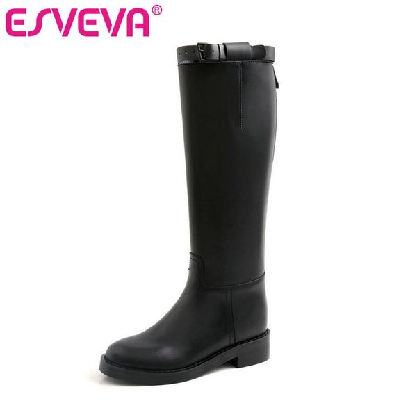 

esveva 2020 shoes women knee-high boots square low heel elegant pu+ leather boots platform motorcycle size 34-39, Black