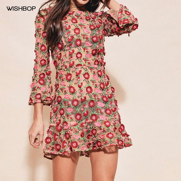 

wishbop 2020 new romantic love amelia swing 3d flowers embroidered tulle mini dress with 3/4 sleeves ruffles hem, Black;gray